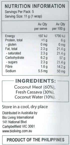 Coconut Meat (60%), Fresh Cassava (30%), Coconut Water
(10%)