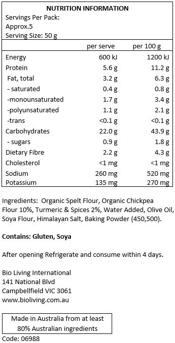 Organic Spelt Flour, 10% Organic Chickpea Flour, 2% Turmeric And Spices, Water Added, Olive Oil, Soya Flour, Himalayan Salt, Baking Powder (450,500)

Contains: Gluten, Soya
