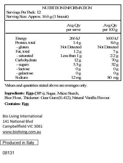 Fresh eggs 38%, sugar, maize starch, rice flour, thickener, guar gum (E-412); flavour.