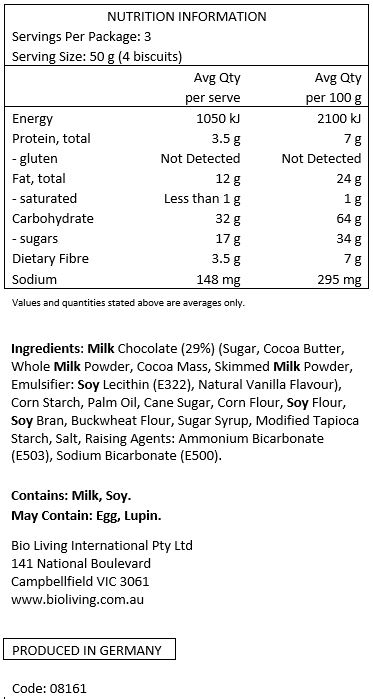 Milk chocolate (29%) (sugar, cocoa butter, whole milk powder (17%), cocoa mass (10%), skimmed milk powder (4%), emulsifier: soya lecithin, natural flavouring), maize starch, vegetable oil, cane sugar, maize fl our, soya fl our, soya bran, buckwheat fl our, sugar beet syrup, modified tapioca starch, salt, raising agents: ammonium and sodium hydrogen carbonate.