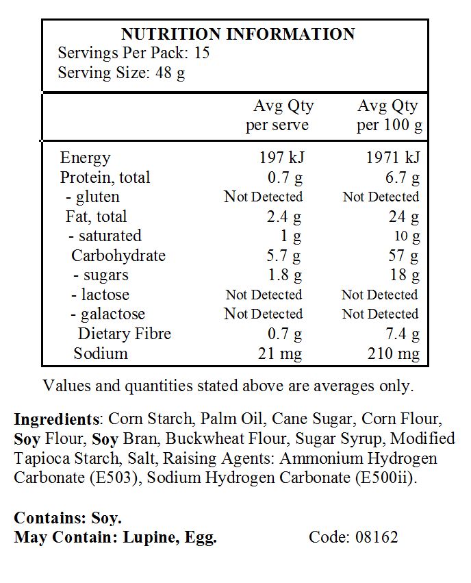 Maize starch, palm fat, cane sugar (16%), maize flour, soy flour, soy bran (7%), buckwheat flour (4%), sugar beet syrup, modified tapioca starch, salt, raising agents: ammonium hydrogen carbonate, sodium hydrogen carbonate. May contain traces of lupine.