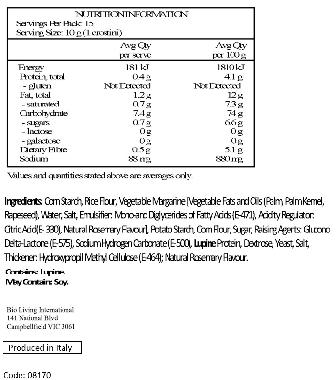 Maize starch, rice flour, non hydrogenated vegetable margarine (oils and fat of palm, coco and rape, salt, emulsifier: E-471 and E-475, acidity regulator: E-330, flavour), potato starch, maize flour, sugar, raising agent: E-575 and sodium hydrogen carbonate, lupine protein, dextrose, yeast, salt, thickener: E-464, natural flavouring.