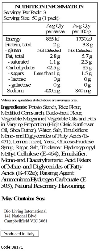 Potato starch, rice flour, modified maize starch, yeast, buckwheat flour (3.4%), non-hydrogenated vegetable fat, glucose-fructose syrup, sugar, salt, thickener: E-464, emulsifier: E-472e, raising agents: ammonium bicarbonate, natural flavouring.