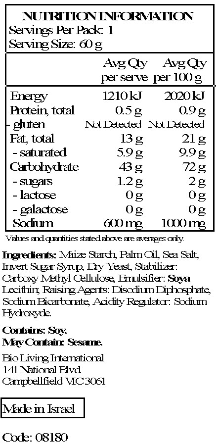 Maize starch, potato starch, non hydrogenated vegetable fat, invert sugar, salt, stabilizer: E-466, raising agents: sodium hydrogen carbonate and pyrophosphate, soya lecithin, yeast extract. May contain traces of sesame seeds.