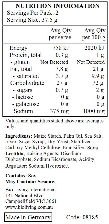 maize starch , palm oil , sea salt , invert sugar syrup , dry yeast , stabilizer: disodium diphosphate , sodium bicarbonate ; acidity regulator: sodium hydroxide