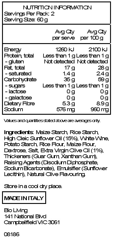 <p>Maize starch, rice starch, high oleic sunflower oil 15%, white wine, potato starch, rice flour, maize flour, dextrose, salt, extra virgin olive oil 1%, thickeners: guar gum, xanthan gum; raising agents: disodium diphosphate, sodium bicarbonate; emulsifier: sunflower lecithin; natural flavour. LACTOSE-FREE,WHEATFREE.</p>
