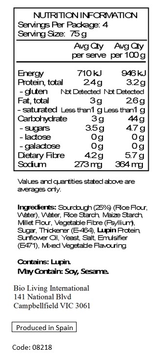 Water, sourdough (rice flour, water) rice starch, corn starch, millet flour, sugar, psullium seed husks (vegetable fiber), rice syr-up, sunflower oil, yeast, modified cellulose, soy protein, salt, calcium, iron, thiamine, riboflavin, niacin.