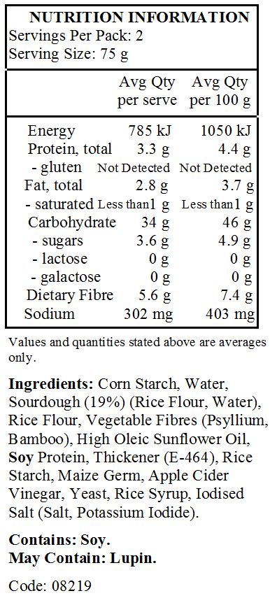 Water, maize starch, sour dough from rice flour, rice flour, vegetable fibre, rice syrup, rice starch, vegetable oil, yeast, soy protein isolate, sugar, thickener: E-464, salt.