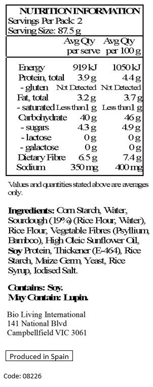 Maize starch, sourdough 28% (rice flour, water), water, rice syrup, apple fibre, rice starch, sunflower oil, soya protein, sugar, thickener: hydroxypropyl methyl cellulose; yeast, salt.