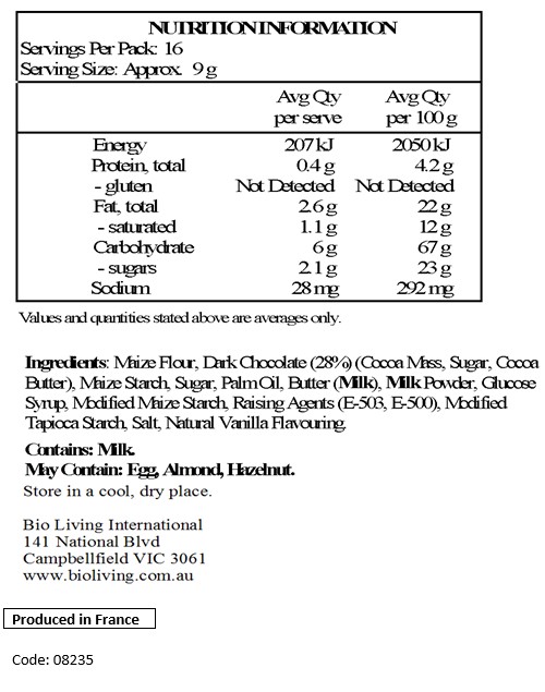 Maize flour, dark chocolate (28%) (cocoa mass, sugar, cocoa butter)), maize starch, sugar, palm oil, butter (milk), milk powder, glucose syrup, modified maize starch, raising agents (E-503, E-500), modified tapioca starch, salt, natural vanilla flavouring.

Contains: Milk
May Contain: Eggs, Tree Nuts (almonds, hazelnuts).
