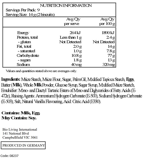 Maize starch, vegetable margarine (palm fat, coconut fat, water, canola oil, emulsifier: mono and diglycerides of fatty acids (E-471), natural flavour), maize flour, sugar, modified tapioca starch, eggs, whole milk powder, sugar beet syrup, emulsifier: mono and diacetyl tartaric acid esters of mono and diglycerides of fatty acids (E-472e), raising agents: ammonium hydrogen carbonate (E-500), sodium hydrogen carbonate (E-503); salt, natural flavour.
May contain traces of soya and lupine.