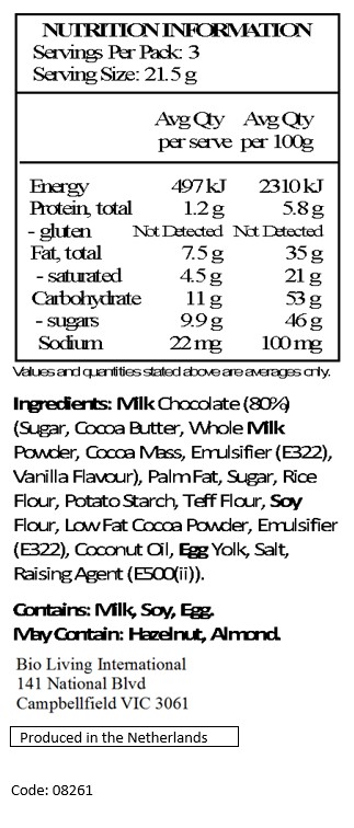Milk chocolate (80%) (sugar, cocoa butter, whole milk powder, cocoa mass, emulsifier: soya lecithin, vanilla), non hydrogenated vegetable fat, sugar, rice flour, potato starch, teff flour, soya flour, low fat cocoa powder, emulsifier: soya lecithin, vegetable oil, egg yolk, salt, raising agent: sodium hydrogen carbonate. May contain traces of hazelnuts and peanuts