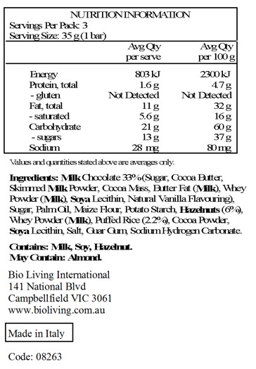Milk Chocolate 33% (Sugar, Cocoa Butter, Skimmed Milk Powder, Cocoa Mass, Anhydrous Milk Fat, Whey Powder (Milk), Emulsifier: Soya Lecithin; Natural Vanilla Flavouring), Sugar, Vegetable Fats (Palm, Palm Kernel), Maize Flour, Potato Starch, Hazelnuts 6%, Whey Powder (Milk), Puffed Rice 2.2%, Cocoa Powder, Emulsifier: Soya Lecithin; Salt, Thickener: Guar Gum; Raising Agent: Sodium Hydrogen Carbonate. May Contain Traces Of Almonds.