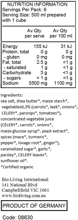 sea salt, shea butter*, maize starch*, vegetables6,3% (carrots*, leek*, onions*, CELERY*, parsnips*, tomato*), concentrated vegetable juice (CELERY*, carrots*, onions*, maize glucose syrup*, yeast extract*, spices (mace*, curcuma*, pepper*, lovage root*, ginger*), candied sugar*, garlic*, parsley*, CELERY leaves*, sunflower oil*
allergenic ingredients: celery
*Certified organic