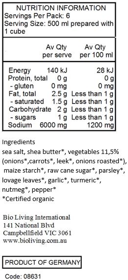 sea salt, shea butter*, vegetables 11,5% (onions*,carrots*, leek*, onions roasted*), maize starch*, raw cane sugar*, parsley*, lovage leaves*, garlic*, curcuma*, nutmeg*, pepper*
*Certified organic