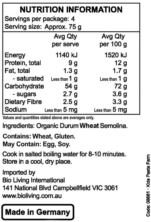 Organic Durum Wheat Semolina.
<br>
Contains: Wheat, Gluten.
May Contain: Egg, Soy.
