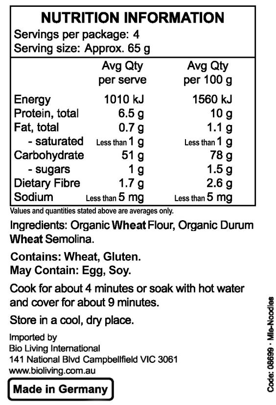 Organic Wheat Flour, Organic Durum Wheat Semolina.
<br>
Contains: Wheat, Gluten.
May Contain: Egg, Soy.
