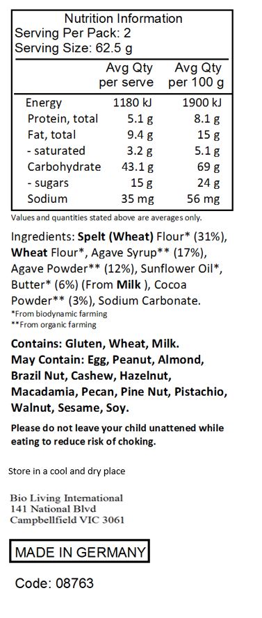 Spelt (Wheat) Flour* (31%), Wheat Flour*, Agave Syrup** (17%), Agave Powder** (12%), Sunflower Oil*, Butter* (6%) (From Milk ), Cocoa Powder** (3%), Sodium Carbonate.

*From biodynamic farming
**From organic farming
Contains: Gluten, Wheat, Milk.

May Contain: Egg, Peanut, Almond, Brazil Nut, Cashew, Hazelnut, Macadamia, Pecan, Pine Nut, Pistachio, Walnut, Sesame, Soy.