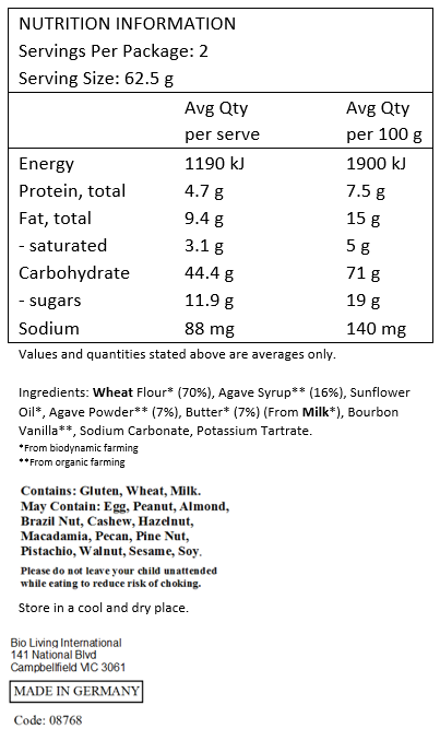 Wheat Flour* (70%), Agave Syrup** (16%), Sunflower Oil*, Agave Powder** (7%), Butter* (7%) (From Milk*), Bourbon Vanilla**, Sodium Carbonate, Potassium Tartrate.

*From biodynamic farming
**From organic farming
 Contains: Gluten, Wheat, Milk.

May Contain: Egg, Peanut, Almond, Brazil Nut, Cashew, Hazelnut, Macadamia, Pecan, Pine Nut, Pistachio, Walnut, Sesame, Soy.