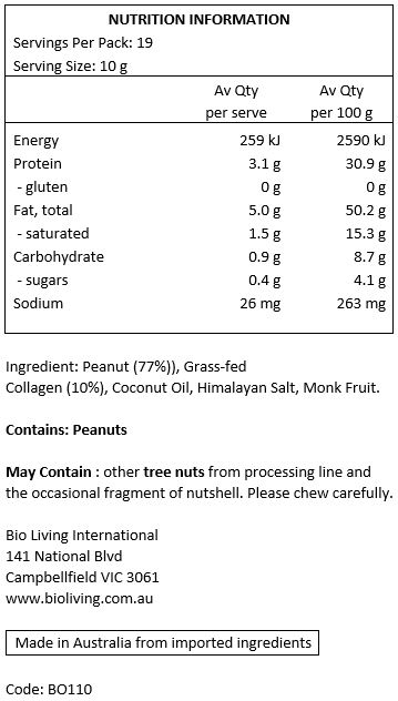 Peanuts, Hydrolysed Collagen, Coconut Oil, Sea Salt, Monk Fruit.