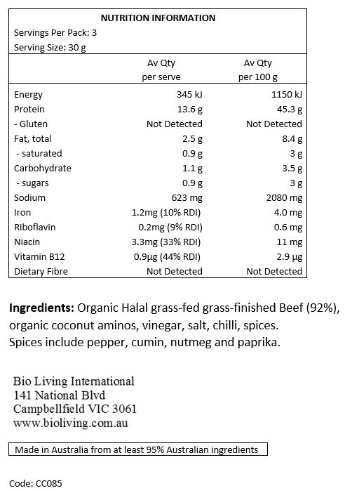 Organic Halal grass-fed grass-finished Beef (92%), organic coconut aminos, vinegar, Himalayan salt, cayenne chilli, spices. Spices include pepper, nutmeg cumin and paprika. No garlic or onions.