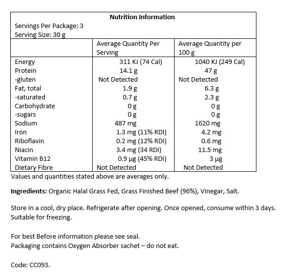 Organic Halal Grass-fed Grass-finished Beef (96%), vinegar, salt.
