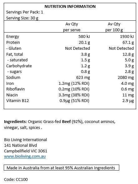 Organic Halal grass-fed grass-finished Beef (92%), organic coconut aminos, vinegar, Himalayan salt, spices. Spices include pepper, nutmeg and cumin. No garlic or onions.