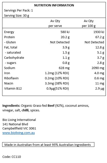 Organic Halal grass-fed grass-finished Beef (92%), organic coconut aminos, vinegar, Himalayan salt, cayenne chilli, spices. Spices include pepper, nutmeg cumin and paprika. No garlic or onions.