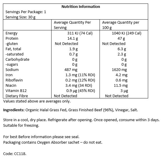 Organic Halal Grass-fed Grass-finished Beef (96%), vinegar, salt.
