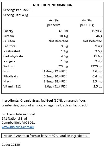 Organic Aussie Grass-Fed Beef (80%), Amaranth Flour, Cranberries, Coconut Aminos, Vinegar, Salt, Spices, Lactic Acid.