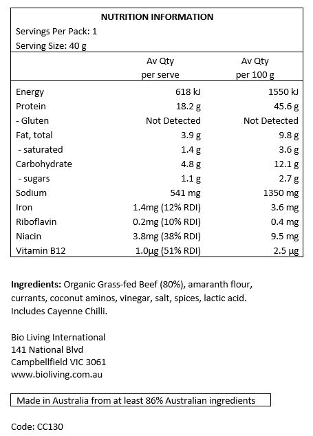 Organic Grass-fed Beef (80%), amaranth flour, currants, coconut aminos, vinegar, salt, spices, lactic acid. Includes Cayenne Chilli.