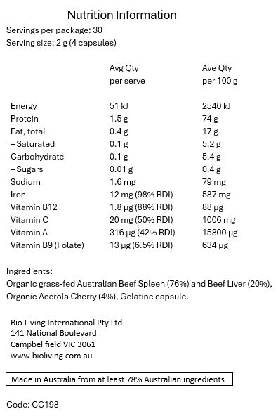 <p>Organic grass-fed Australian Beef Spleen (76%) and Beef Liver (20%), Organic Acerola Cherry (4%), Gelatine capsule. Servings per pack: 30 Serving size: 2g (4 capsules)</p>
