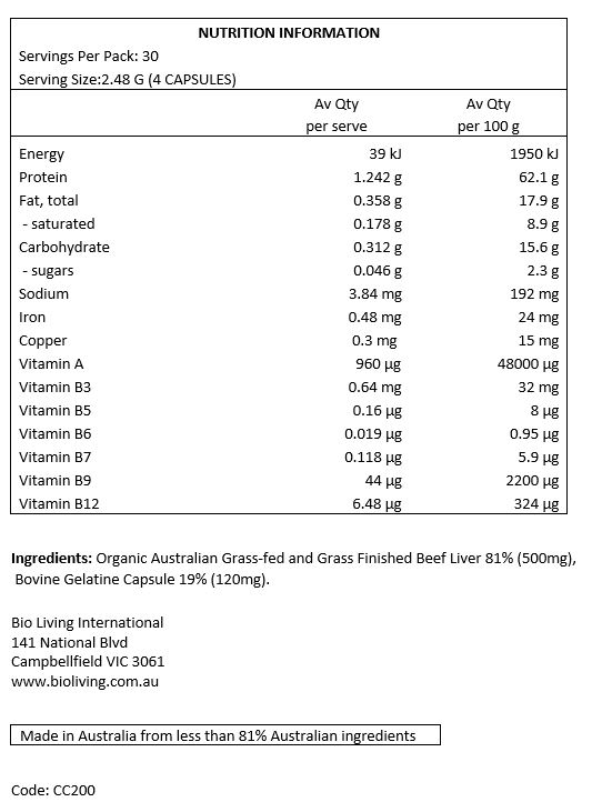 Organic Australian Grass-fed and Grass Finished Beef Liver 81% (500mg), Bovine Gelatine Capsule 19% (120mg).