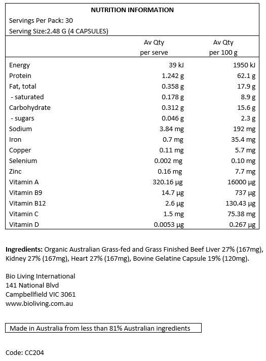 Organic Australian Grass-fed and Grass Finished Beef Liver 27% (167mg), Kidney 27% (167mg), Heart 27% (167mg), Bovine Gelatine Capsule 19% (120mg).