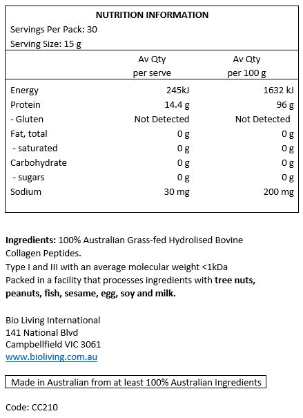 100% Australian Grass-fed Hydrolysed Bovine Collagen Peptides.