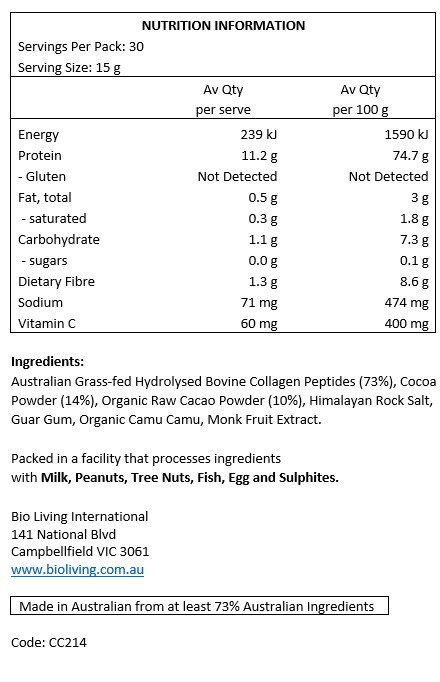 Grass-fed Hydrolysed Bovine Collagen Peptides (73%), Cocoa Powder (14%), Organic Raw Cacao Powder (10%), Himalayan Rock Salt, Guar Gum, Organic Camu Camu, Monk Fruit Extract.