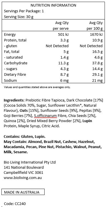 Prebiotic fibre tapioca, dark chocolate [17%] (cocoa solids 70%, sugar, sunflower lecithin*, natural flavour), oats [15%], sunflower seeds [9%], pepitas [9%], goji berries [7%], S.officinarum fibre, chia seeds [2%], quinoa [2%], dried mixed berry powder [2%], lupin protein, maple syrup, citric acid.