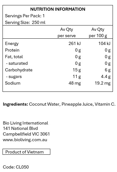 Coconut Water, Pineapple Juice, Vitamin C. 