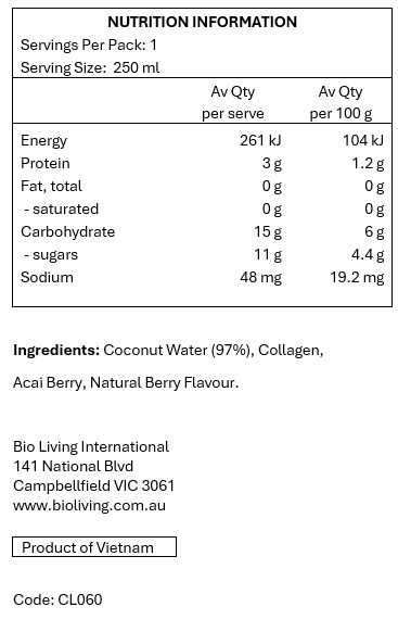 97% Coconut Water, Marine Collagen, Acai Berry.