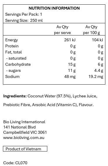 98% Coconut Water, Lychee Juice, Inulin, FOS.