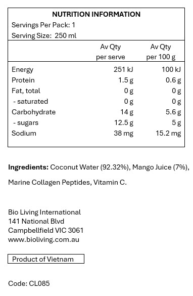 97% Coconut Water, Marine Collagen, Mango Juice &
ascorbic Acid (Vitamin C)