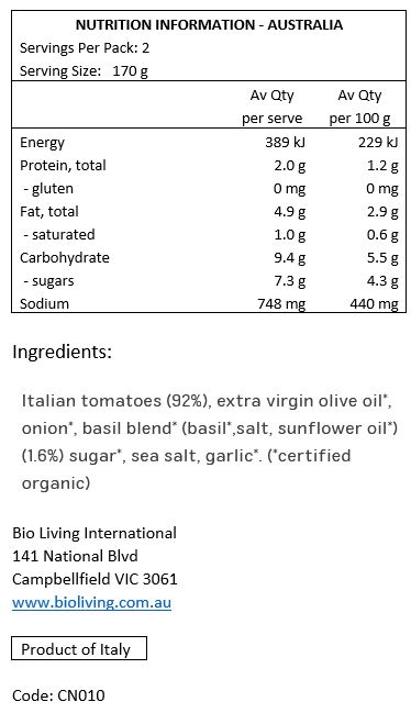 Tomatoes* (92%), Extra Virgin Olive Oil*, Onion*, Basil Blend (Basil*, Salt, Sunflower Oil*, 1.6%), Sugar*, Sea Salt, Garlic*. *Certified Organic