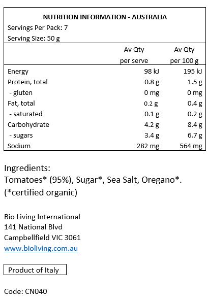 Tomatoes* (95%), Sugar*, Sea Salt, Oregano*. *Certified Organic
