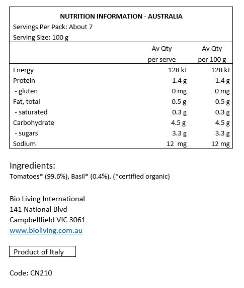 Tomatoes* (99.6%), Basil* (0.4%). (*certified organic)