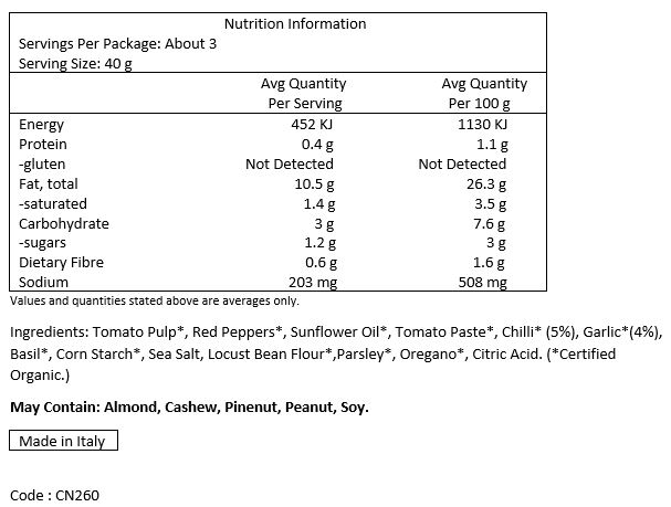 Tomato Pulp*, Red Peppers*, Sunflower Oil*, Tomato Paste*, Chilli* (5%), Garlic* (4%), Basil*, Corn Starch*, Sea Salt, Locust Bean Flour*, Parsley*, Oregano*, Citric Acid. (*certified organic)

MAY CONTAIN: ALMOND, CASHEW, PINE NUT, PEANUT, SOY.