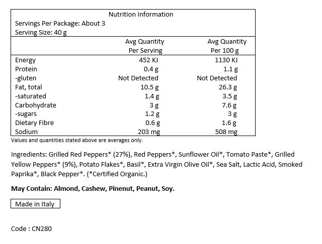 Grilled Red Peppers* (27)%, Red Peppers*, Sunflower Oil*, Tomato Paste*, Grilled Yellow Peppers* (9%), Potato Flakes*, Basil*, Extra Virgin Olive Oil*, Sea Salt, Lactic Acid, Smoked Paprika*, Black Pepper*. (*certified organic)

MAY CONTAIN: ALMOND, CASHEW, PINENUT, PEANUTS, SOY.