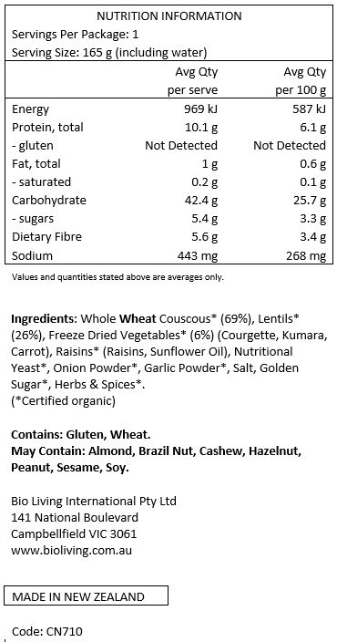 Whole Wheat Couscous* (69%), Lentils* (26%), Freeze Dried Vegetables* (6%) (Courgette, Kumara, Carrot), Raisins* (Raisins, Sunflower Oil), Nutritional Yeast*, Onion Powder*, Garlic Powder*, Salt, Golden Sugar*, Herbs & Spices*. (*certified organic)