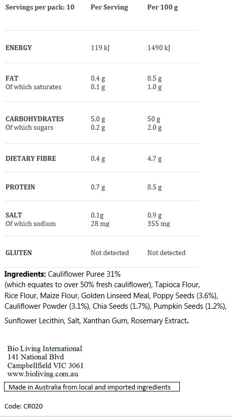 Cauliflower Puree 31% (which equates to  over 50% fresh cauliflower) Cassava Flour, Rice Flour, Maize Flour, Golden Linseed Meal, Poppy Seeds (3.6%), Cauliflower Powder (3.1%), Chia Seeds (1.7%), Pumpkin Seeds (1.2%), Sunflower Lecithin, Salt, Xanthan Gum, Rosemary Extract.