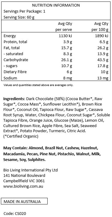Dark Chocolate* 60% (Cocoa Mass*, Raw Sugar*, Cocoa Butter*, Sunflower Lecithin*), brown rice flour*, polenta flour*, chickpea flour*, coconut oil, water, tapioca flour, chicory root*, coconut flour*, apricots, glucose (maize), cassava root syrup, orange, seaweed extract*, potato powder, lemon oil, citric acid, sea salt, safflower petal. *Organic