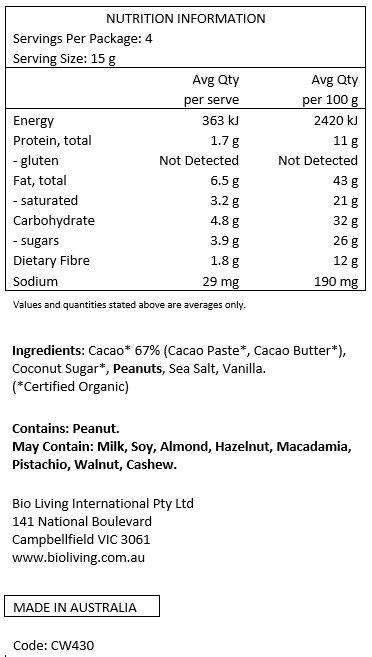 Cacao* 67% (Cacao Paste*, Cacao Butter*), Coconut Sugar*, Peanuts, Sea Salt, Vanilla
*Certified Organic